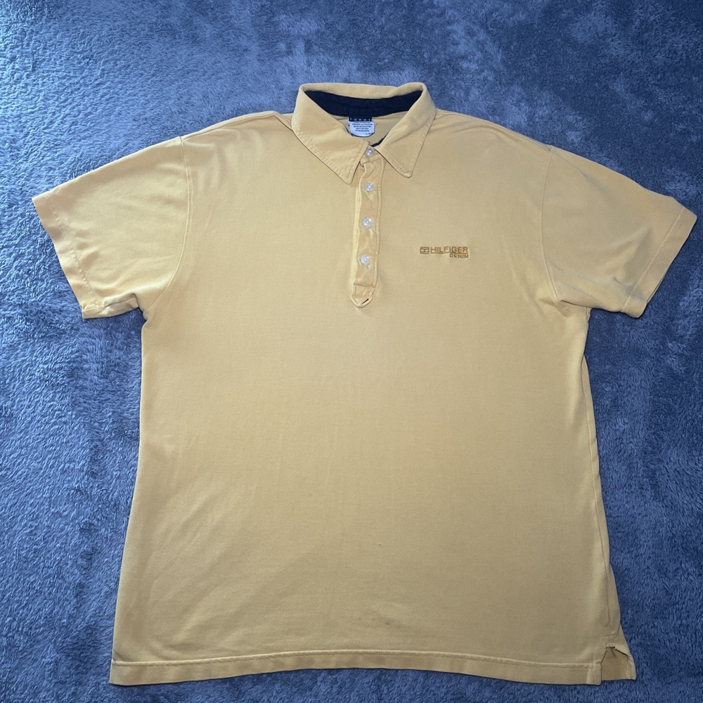 VTG Tommy Hilfiger Jeans Embroidered Denim Polo Yellow Shirt SZ L Short Sleeve - Picture 2 of 16